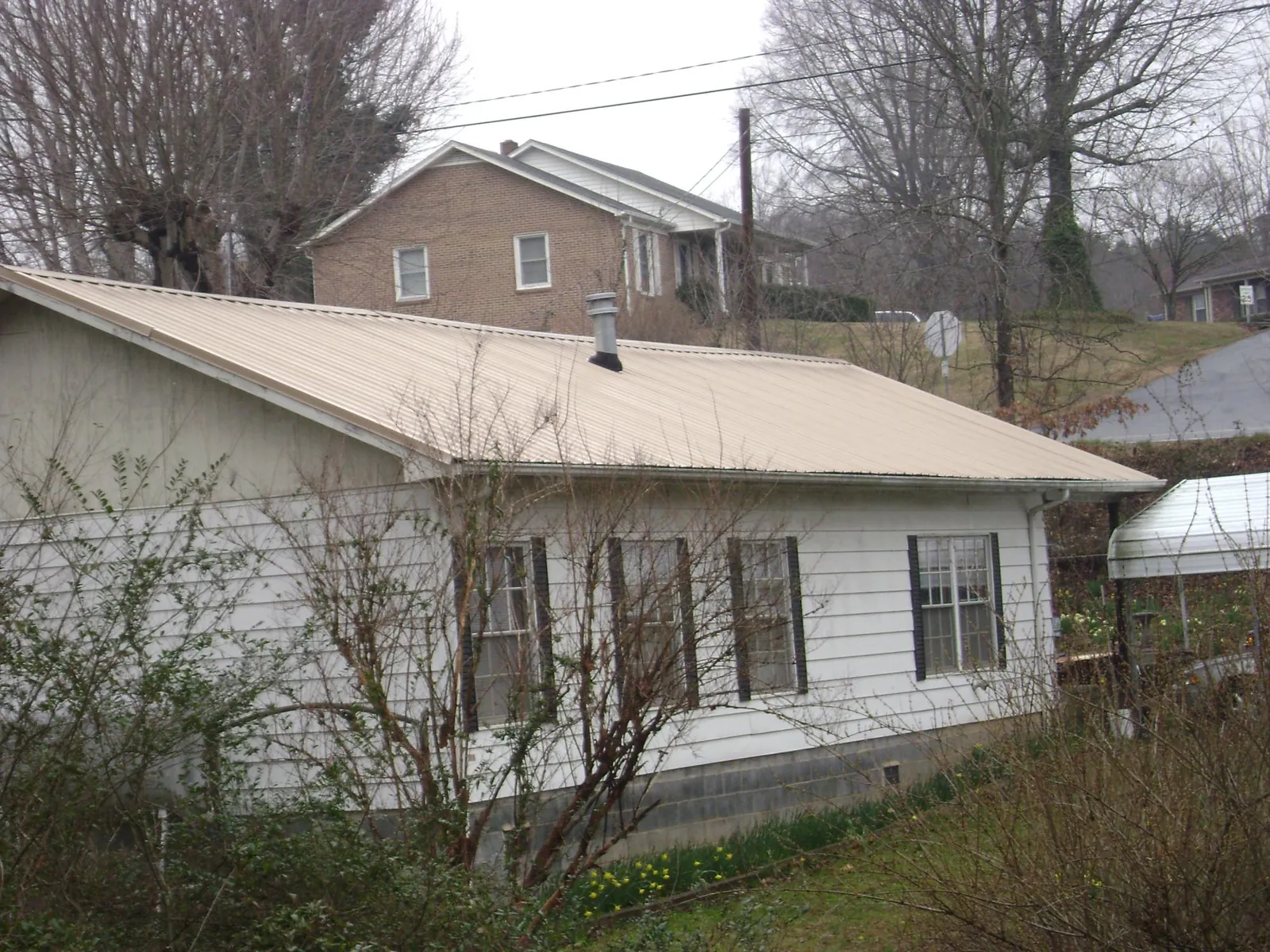 Tan metal roof on a white sided house set into a hillside — Commercial Roofing by Roofing Brothers in Schenevus
